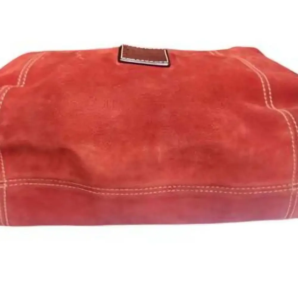 Dooney & Bourke Red Suede Hobo Shoulder Bag with Brown Leather Trim